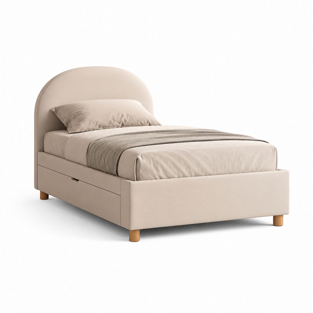 Letto contenitore una piazza e mezza beige in poliestere con testiera arrotondata 140 x 200 cm