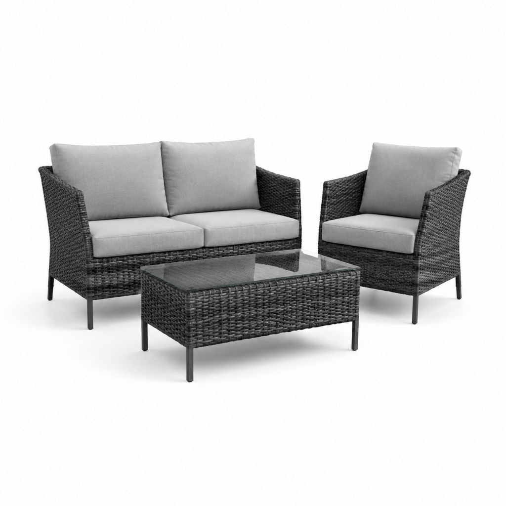 Set salotto da giardino 3 pezzi grigio in rattan PE con cuscini e tavolino 124 x 70 x 78 cm