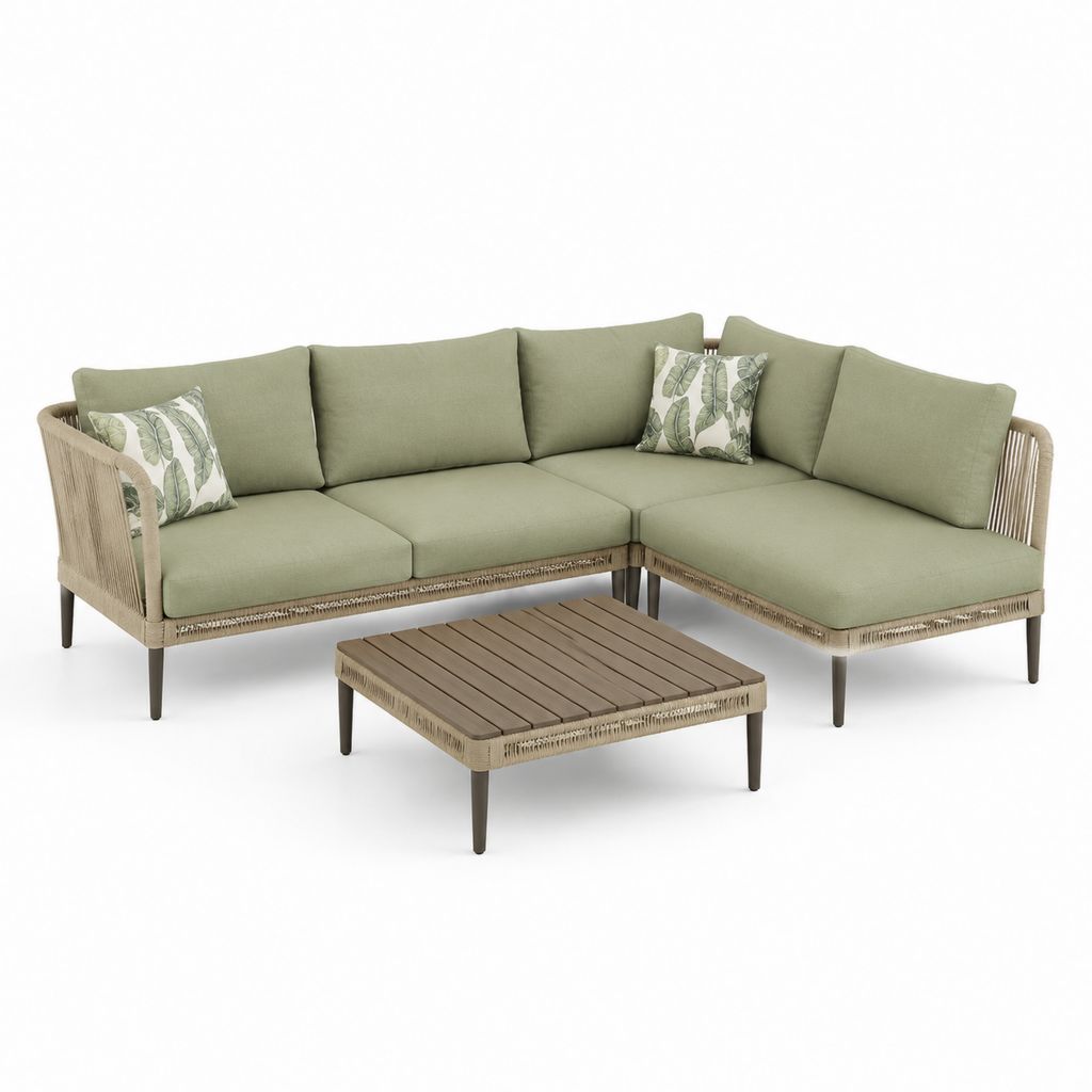 Set salotto da giardino angolare 3 pezzi verde salvia in alluminio e corda PP con tavolino 250 x 250 cm
