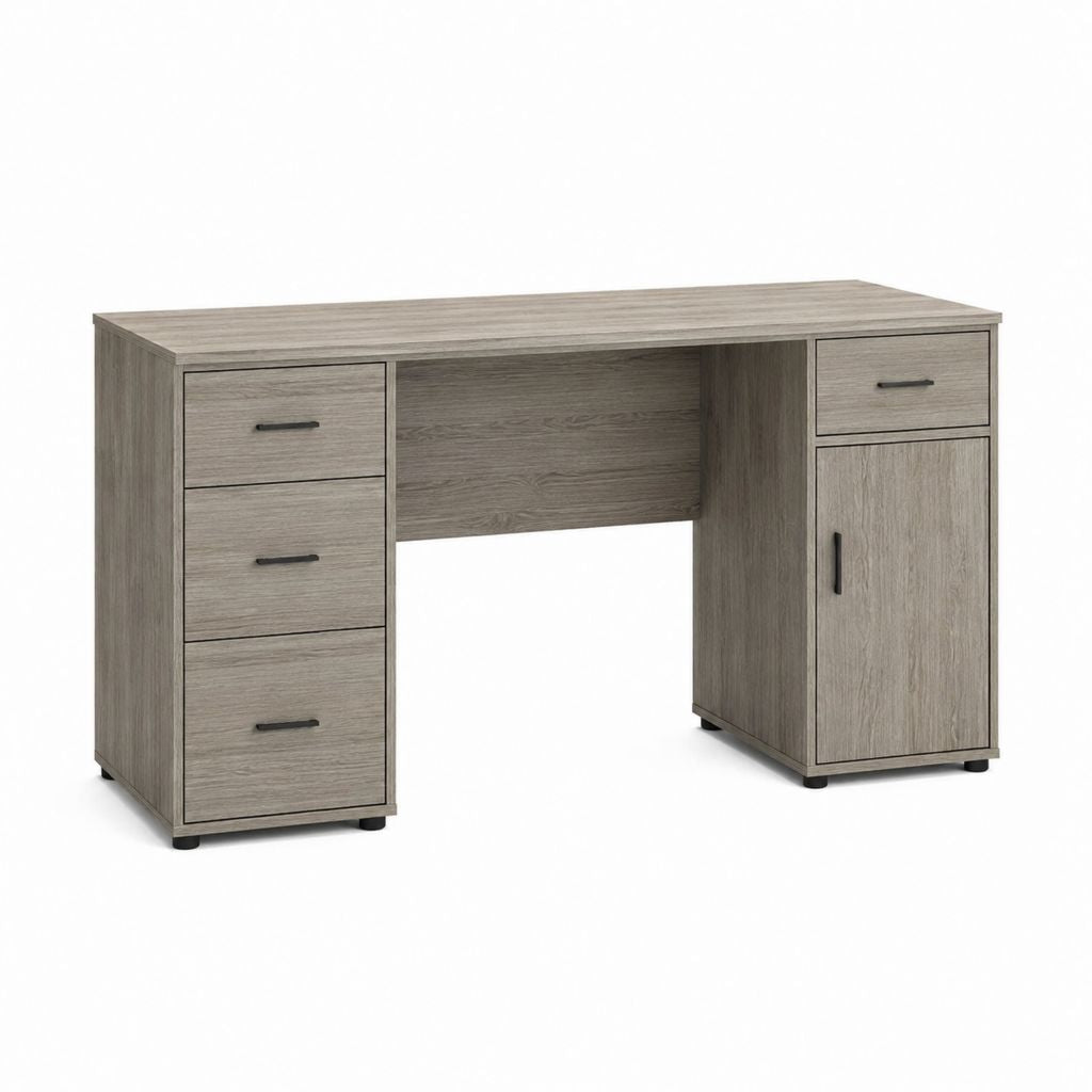Scrivania tradizionale grigio rovere in pannello truciolare 120 x 60 x 75 cm con 3 cassetti e anta