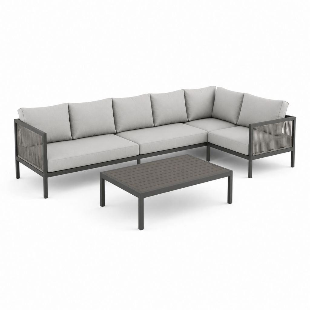 Set divano angolare da giardino 4 posti grigio in alluminio e poliestere con tavolino 250 x 190 x 75 cm
