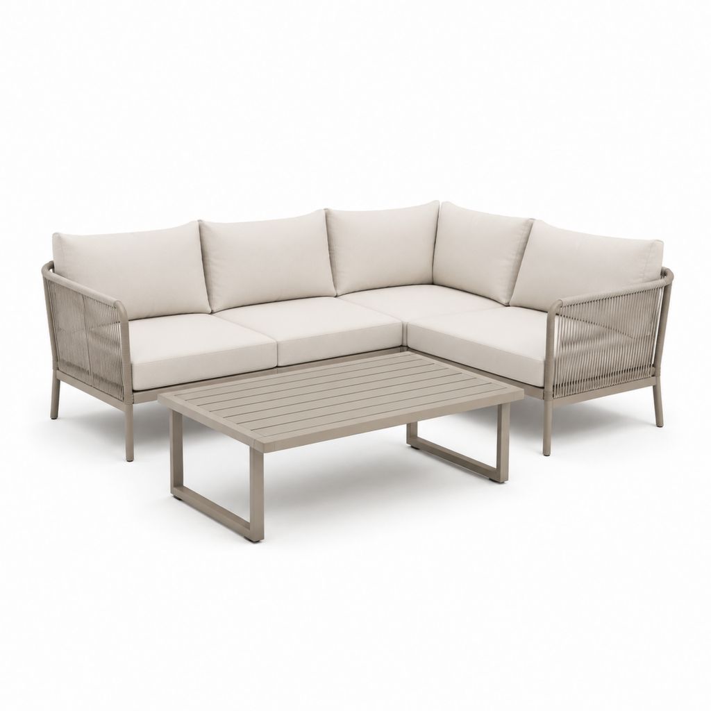Set divano angolare da giardino con tavolino beige in alluminio e corda 220 x 220 x 78 cm