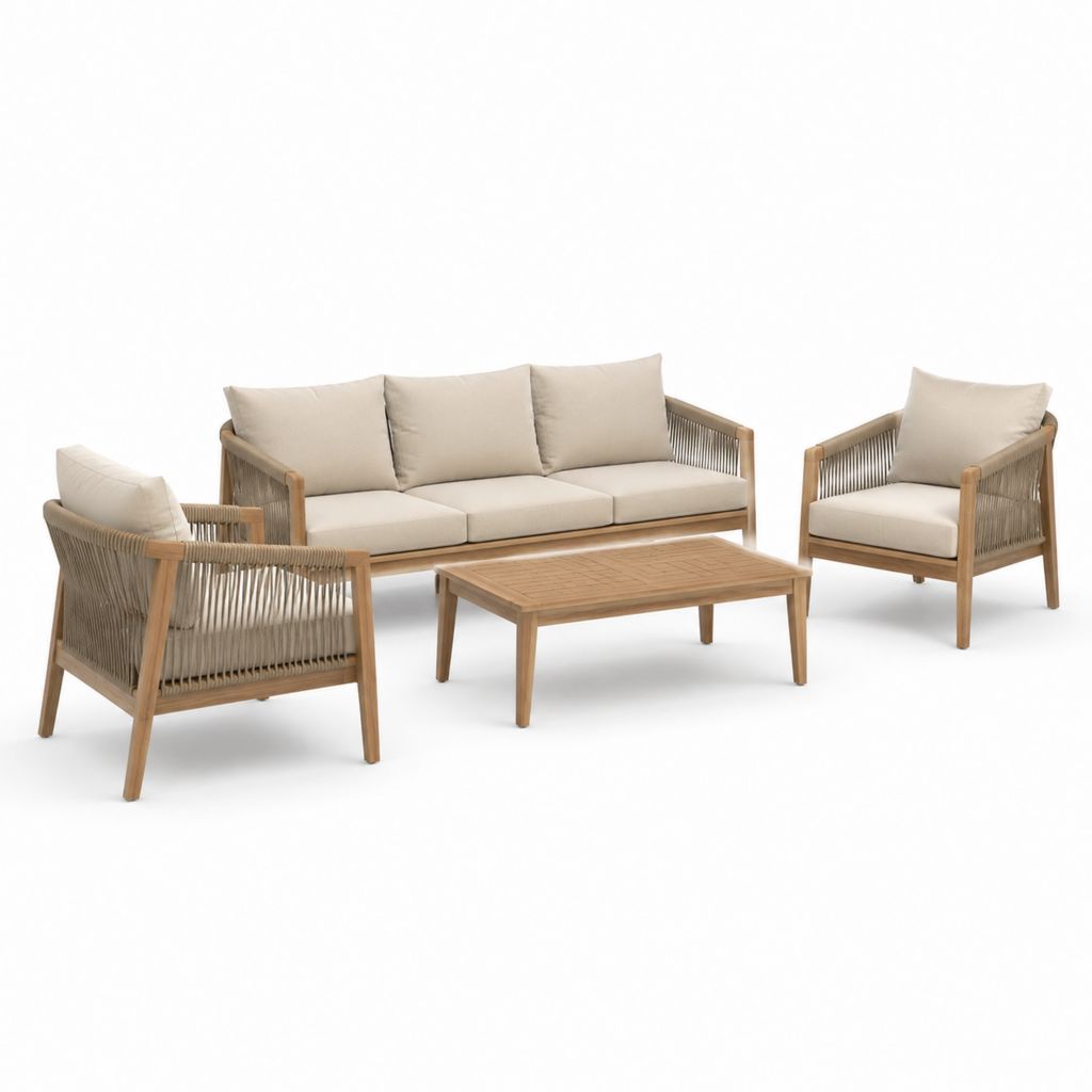 Set salotto da giardino 4 pezzi beige in legno massello di acacia e corda sintetica con divano 3 posti 180 x 75 x 75 cm