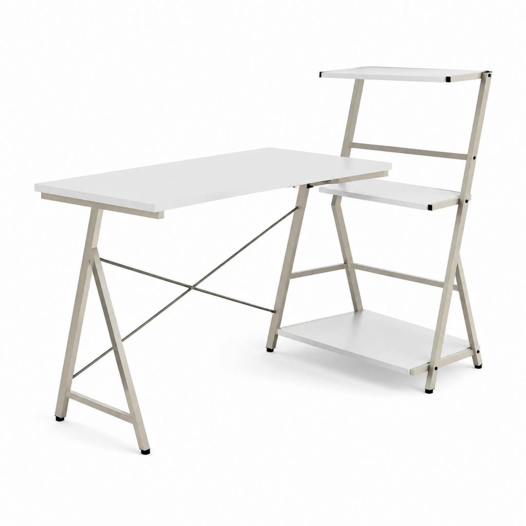 Scrivania tradizionale rettangolare bianca in pannello truciolare melaminico e acciaio 120 x 60 x 120 cm con 3 ripiani