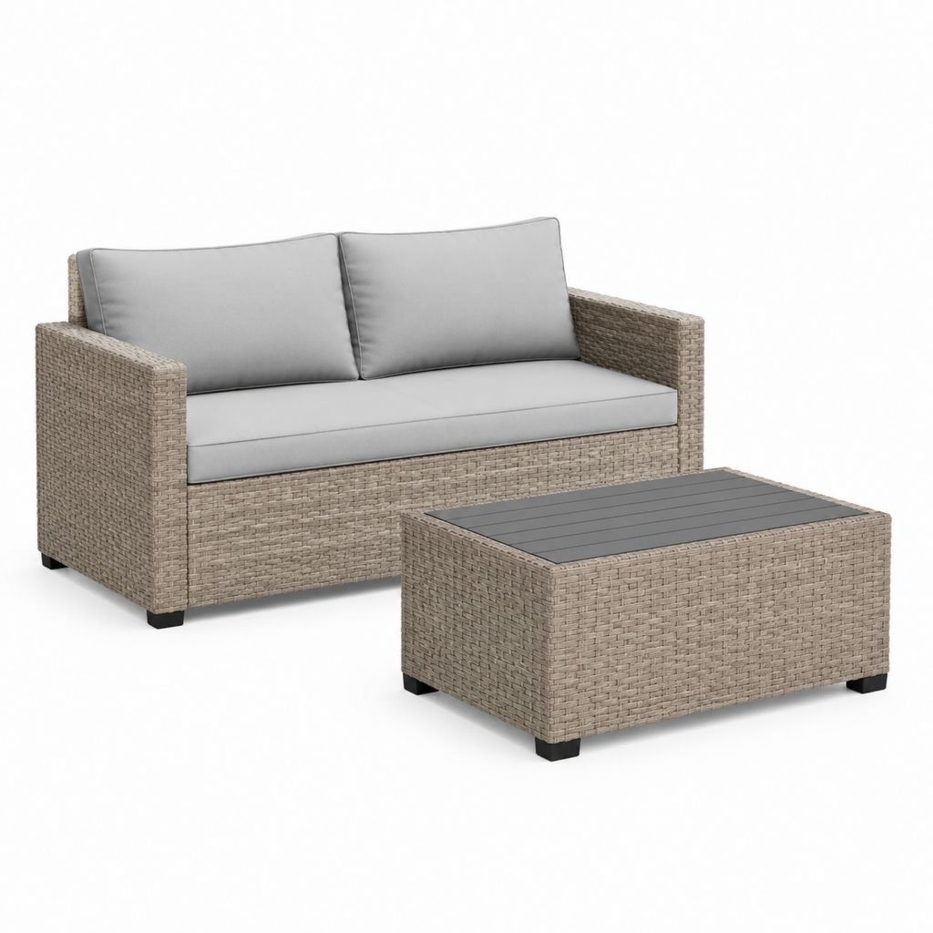 Set divano da giardino 2 posti con tavolino beige e grigio in rattan PE 124 x 65 x 73 cm