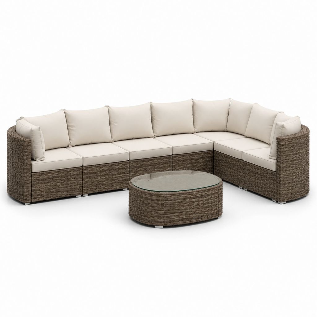 Set divano da giardino angolare 7 pezzi marrone in rattan PE con cuscini tortora e tavolino ovale 300 x 220 x 73 cm
