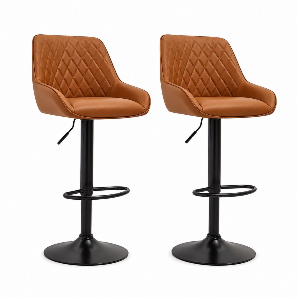 Set 2 Sgabelli da Bar Girevoli Regolabili Cognac in PU con Schienale Trapuntato e Base Nera 48 x 53 x 90-111 cm
