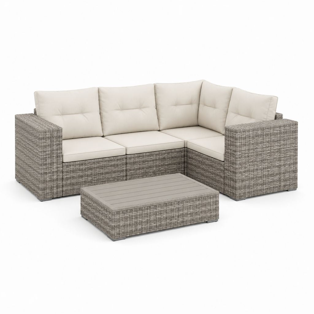 Set divano da giardino angolare 4 pezzi grigio in rattan PE con cuscini color crema 220 x 220 x 85 cm