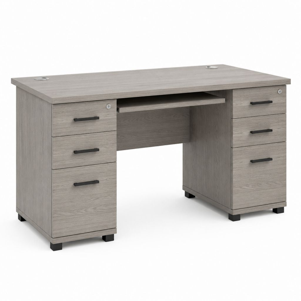Scrivania ufficio tradizionale grigio rovere in pannello truciolare melaminico rettangolare 140 x 60 x 75 cm con 6 cassetti