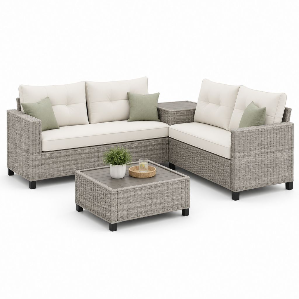 Set divani da giardino angolare 4 posti grigio in rattan PE con cuscini 200 x 200 x 76 cm