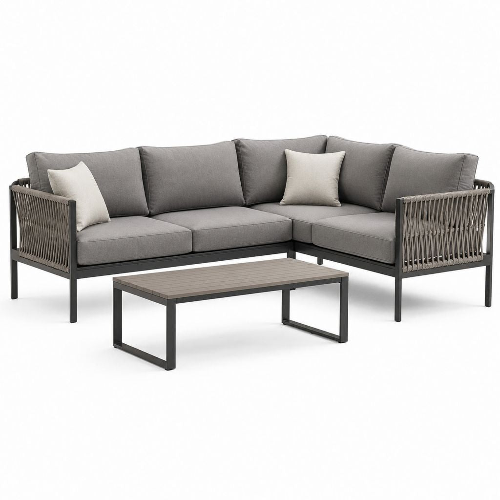 Set divano da giardino angolare con tavolino grigio in alluminio e corda PE 220 x 220 cm