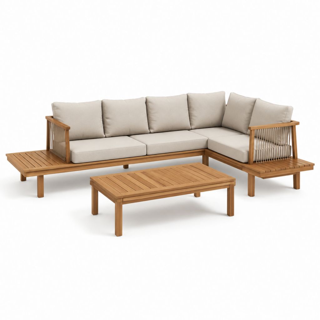 Set divano da giardino angolare con tavolino beige in legno massello di acacia 260 x 200 cm