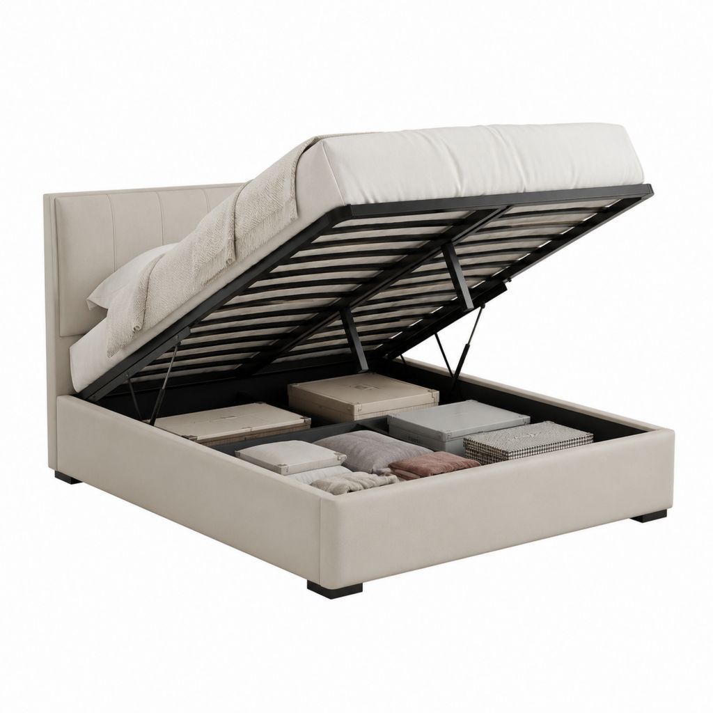 Letto contenitore matrimoniale beige in similpelle PU 160 x 200 cm