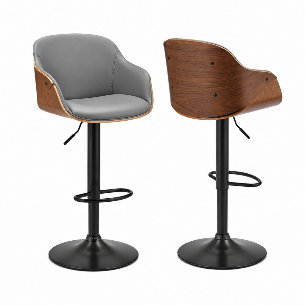 Sgabello da bar regolabile girevole grigio in PU e compensato impiallacciato noce 53 x 52 x 90-111 cm