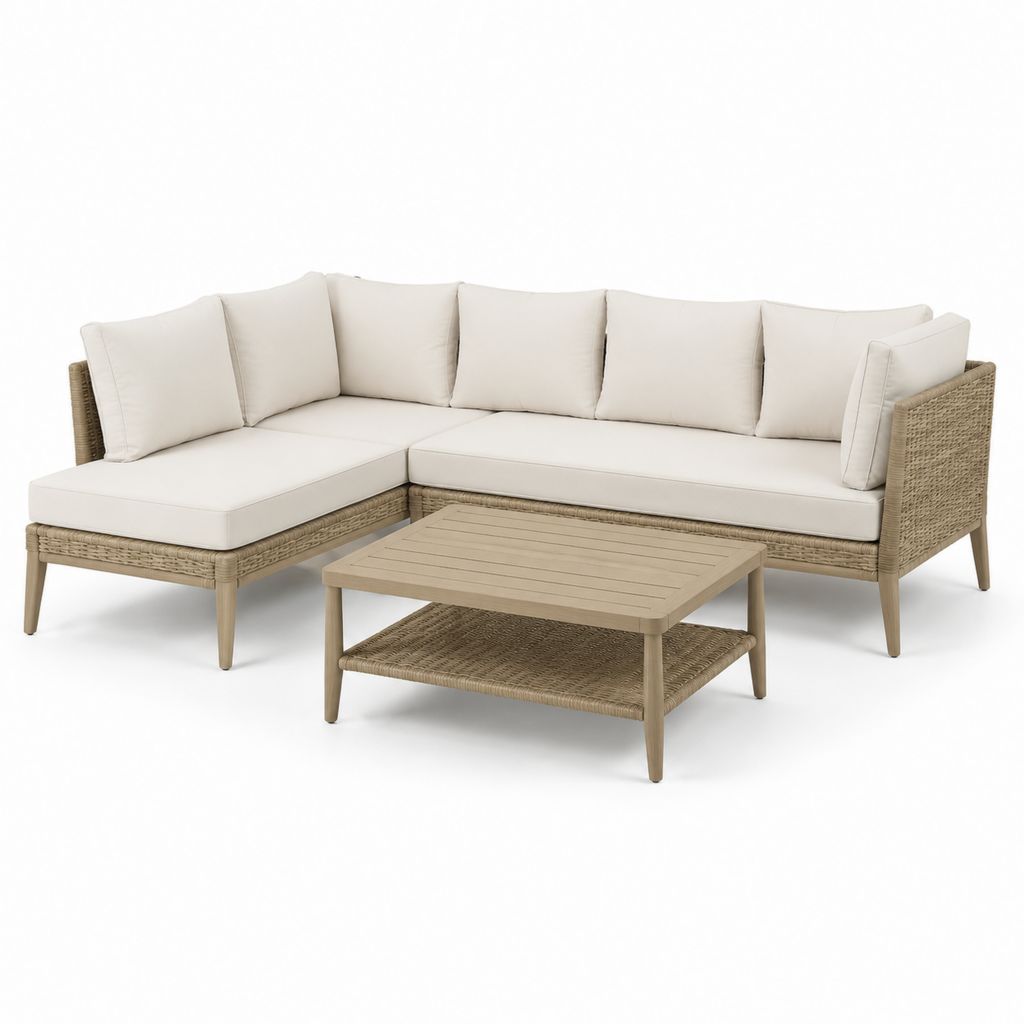 Set divano da giardino angolare con tavolino beige e naturale in rattan PE e alluminio 237 x 160 x 80 cm