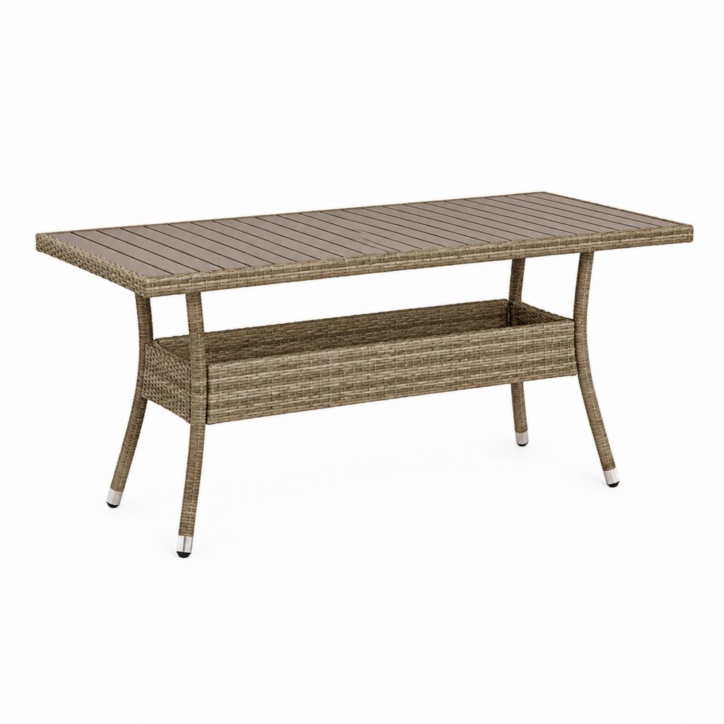 Tavolo da giardino rettangolare marrone in rattan PE e legno massello 150 x 90 x 75 cm