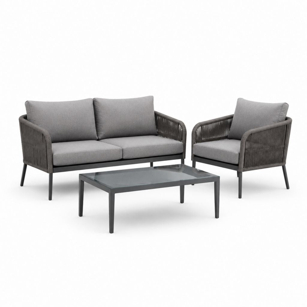 Set salotto da giardino 3 pezzi grigio in acciaio e corda sintetica con divano 2 posti poltrona tavolino 120 x 60 cm
