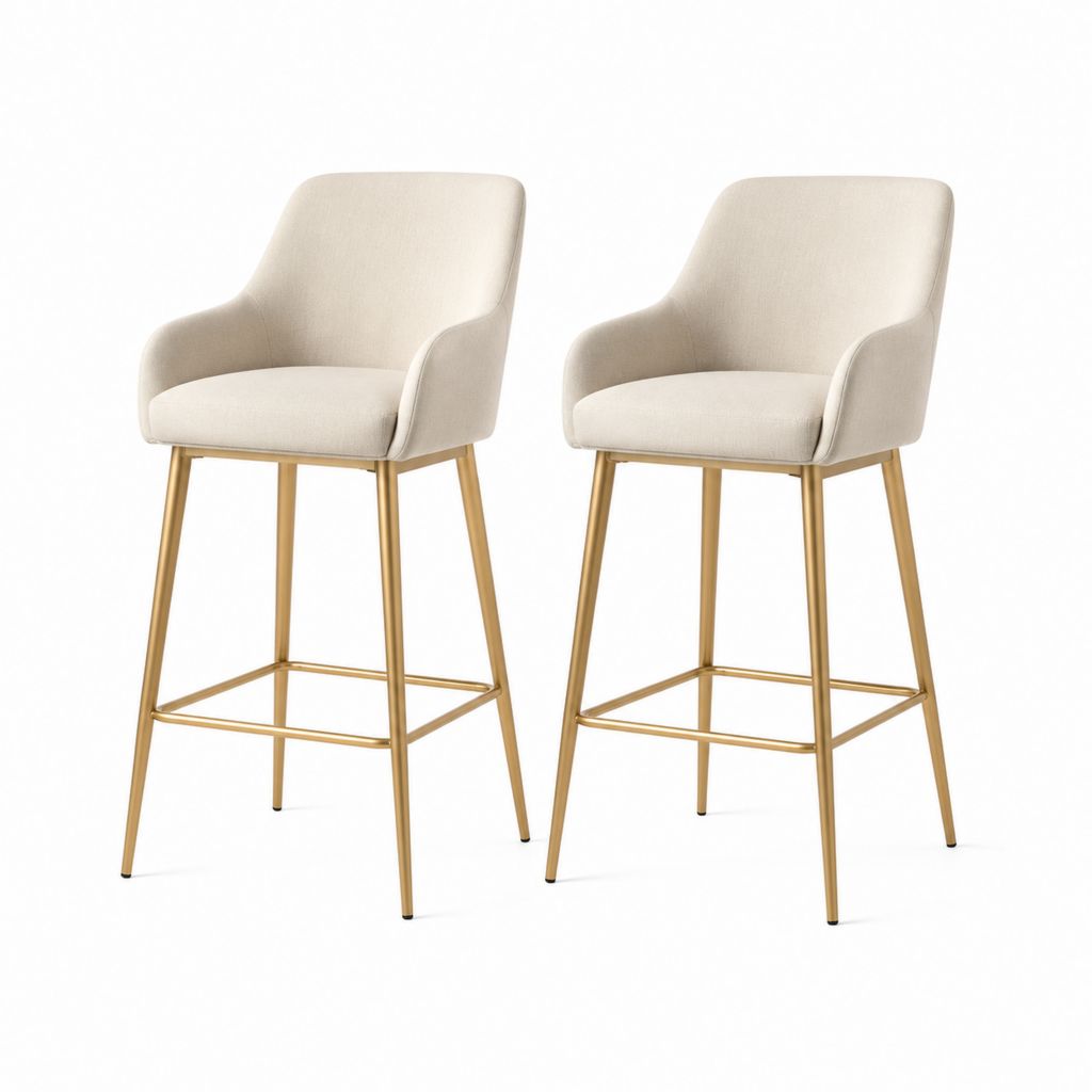Set 2 Sgabelli da Bar con Braccioli Beige in Poliestere e Acciaio Dorato 50 x 55 x 101 cm