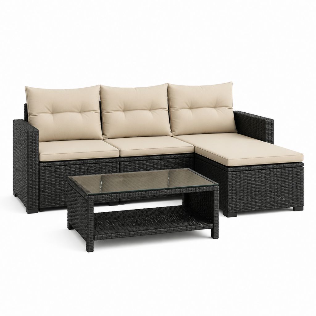 Set divano da giardino angolare 3 posti con tavolino nero e beige in rattan PE e poliestere 181 x 130 x 76 cm