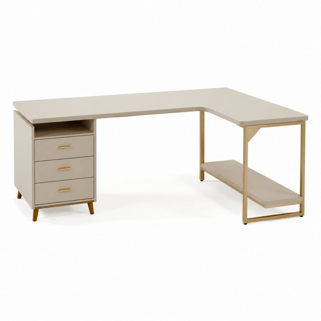 Scrivania angolare con cassettiera beige e struttura in acciaio 160 x 120 x 75 cm